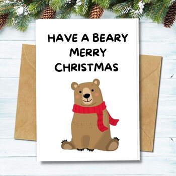 Fait à la main respectueux de l'environnement | Semences plantables ou papier de matière organique Cartes de Noël Beary Merry Xmas Single Card 1