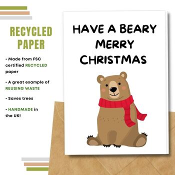 Fait à la main respectueux de l'environnement | Semences plantables ou papier de matière organique Cartes de Noël Beary Merry Xmas Single Card 3