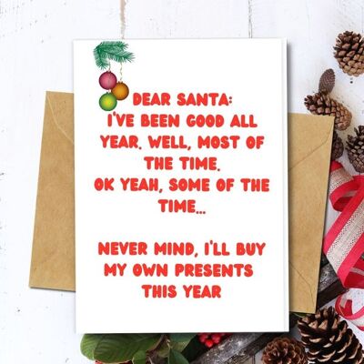 Handmade Eco Friendly | Plantable Seed or Organic Material Paper Christmas Cards Dear Santa Single Card