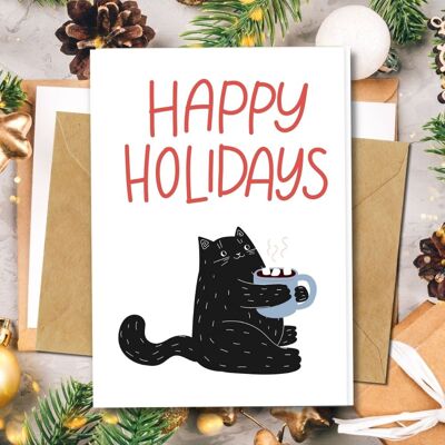 Handmade Eco Friendly | Plantable Seed or Organic Material Paper Christmas Cards Holly Cat Single Card