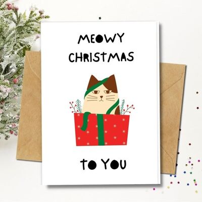 Handmade Eco Friendly | Plantable Seed or Organic Material Paper Christmas Cards Meowy Christmas Pack of 5