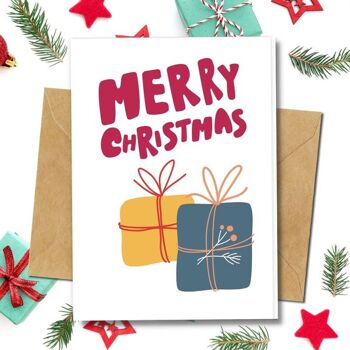 Fait à la main respectueux de l'environnement | Cartes de Noël en papier de graines ou de matières organiques à planter Merry Presents Single Card 1