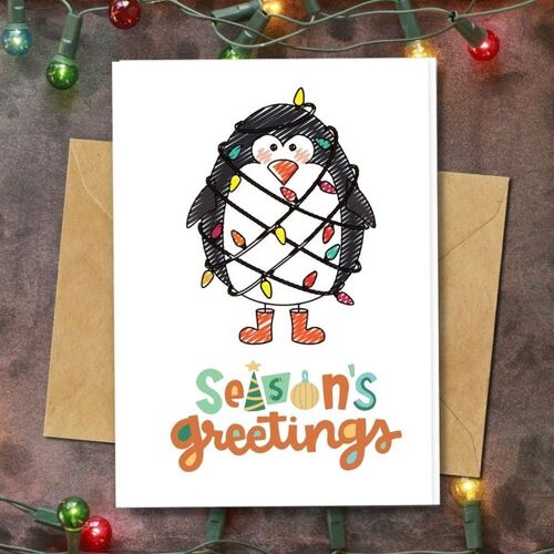 Handmade Eco Friendly | Plantable Seed or Organic Material Paper Christmas Cards Penguin Tree Single Card