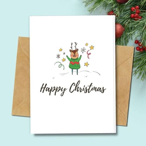 Handmade Eco Friendly | Plantable Seed or Organic Material Paper Christmas Cards Smiley Reindeer Single Card