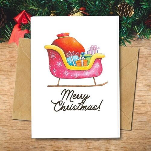 Handmade Eco Friendly | Plantable Seed or Organic Material Paper Christmas Cards Sleigh Single Card