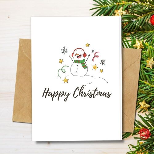 Handmade Eco Friendly | Plantable Seed or Organic Material Paper Christmas Cards Happy Snowman Single Card