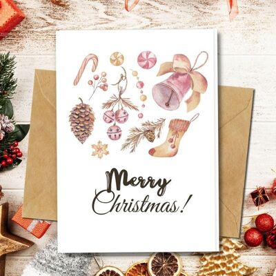 Handmade Eco Friendly | Plantable Seed or Organic Material Paper Christmas Cards 'Tis the Season Single Card