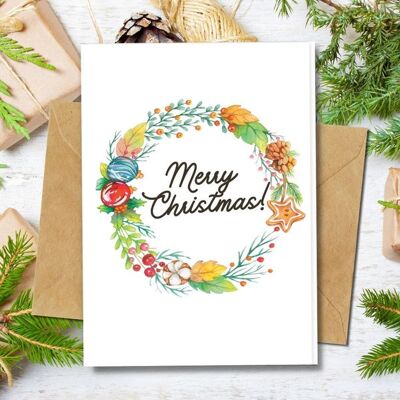 Handmade Eco Friendly | Plantable Seed or Organic Material Paper Christmas Cards Wreath 2 Single Card