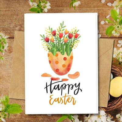 Handmade Eco Friendly | Plantable Seed or Organic Material Paper Easter Cards Flowers in Egg Single Card
