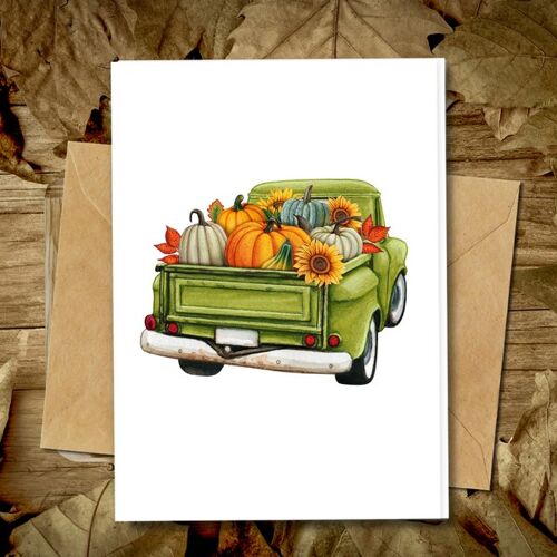Handmade Eco Friendly | Plantable Seed or Organic Material Paper Blank Cards Pumpkin Truck Single Card
