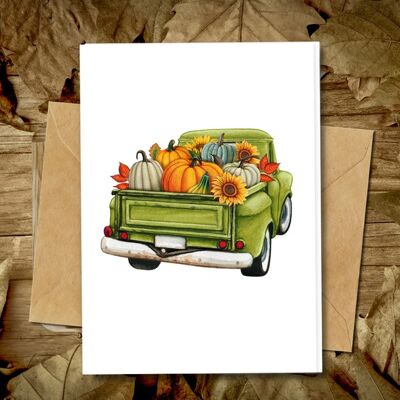 Handmade Eco Friendly | Plantable Seed or Organic Material Paper Blank Cards Pumpkin Truck Pack of 5
