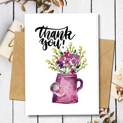 Handmade Eco Friendly | Plantable Seed or Organic Material Paper Thank You Cards Thank You Purple Watercan Pack of 5