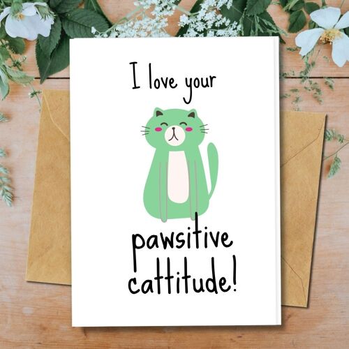Handmade Eco Friendly | Plantable Seed or Organic Material Paper Good Luck Cards Pawsitive cattitude Single Card