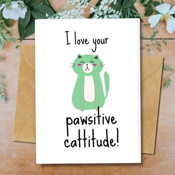 Fait à la main respectueux de l'environnement | Lot de 8 cartes de bonne chance en papier pour graines ou matières organiques plantables cattitude Pawsitive 1