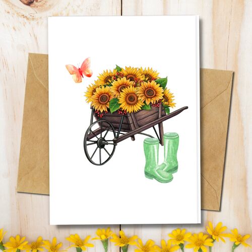 Handmade Eco Friendly | Plantable Seed or Organic Material Paper Blank Cards Sunflowers In Wheelbarrow Single Card