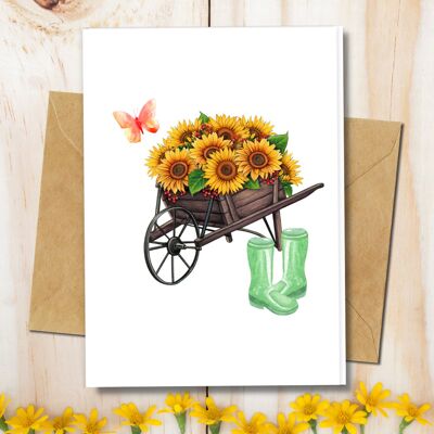 Handmade Eco Friendly | Plantable Seed or Organic Material Paper Blank Cards Sunflowers In Wheelbarrow Pack of 5