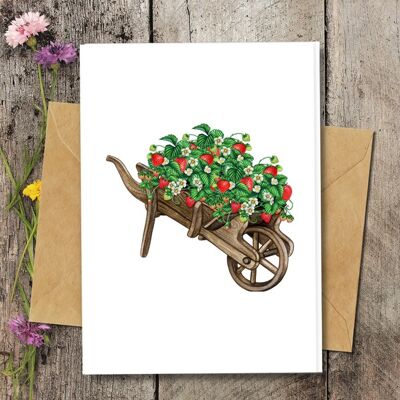 Handmade Eco Friendly | Plantable Seed or Organic Material Paper Blank Cards Strawberries Wheelbarrow Single Card
