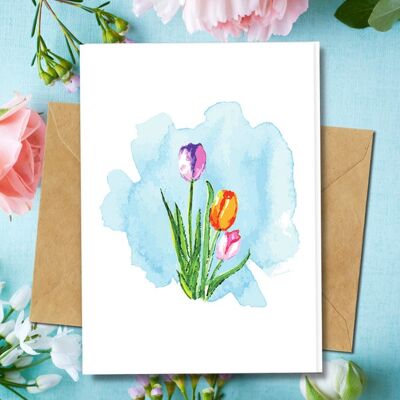 Handmade Eco Friendly | Plantable Seed or Organic Material Paper Blank Cards Tulips Single Card