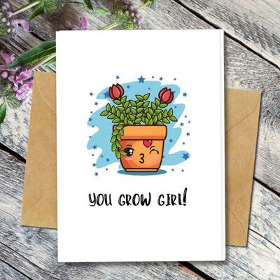 Handmade Eco Friendly | Plantable Seed or Organic Material Paper Good Luck Cards You Grow Girl Single Card