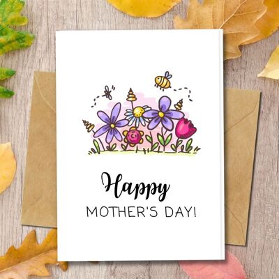 Handmade Eco Friendly | Plantable Seed or Organic Material Paper Mother's Day Cards Flowers and Bees Pack of 5