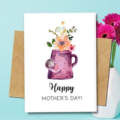 Handmade Eco Friendly | Plantable Seed or Organic Material Paper Mother's Day Cards Flowers In Watering Can Single Card