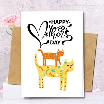 Handmade Eco Friendly | Plantable Seed or Organic Material Paper Mother's Day Cards Mummy Cat Pack of 5
