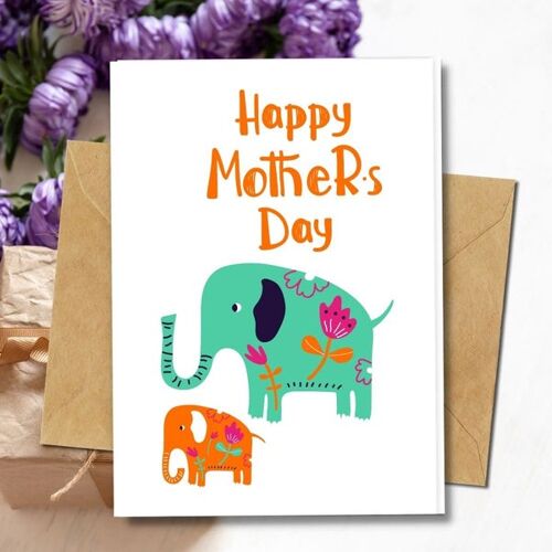 Handmade Eco Friendly | Plantable Seed or Organic Material Paper Mother's Day Cards Mummy Elephant Pack of 5