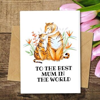 Fait à la main respectueux de l'environnement | Lot de 5 cartes de fête des mères en papier pour graines ou matières organiques à planter Tiger Mum 1