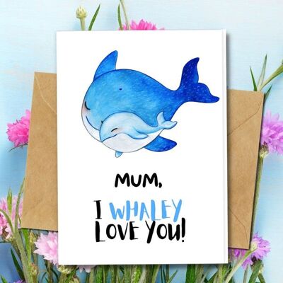 Handmade Eco Friendly | Plantable Seed or Organic Material Paper Mother's Day Cards Blue Whales Single Card