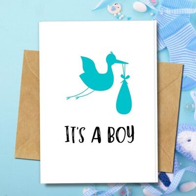 Ecológico hecho a mano | Semilla Plantable o Material Orgánico Tarjetas de Papel New Baby It's a Boy Pack de 5