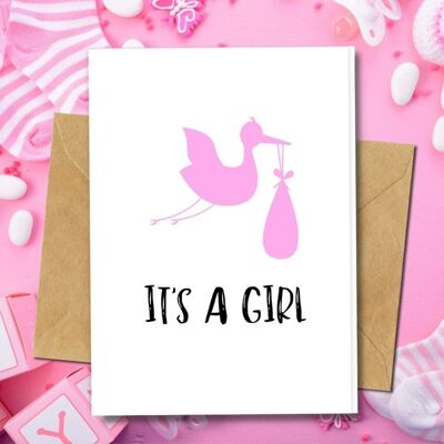 Handmade Eco Friendly | Plantable Seed or Organic Material Paper New Baby Cards It's a Girl Single Card