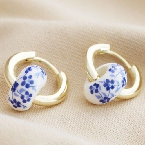 Blue Willow Bead Hoop Earrings in Gold