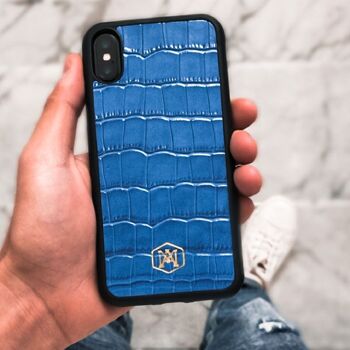 Coque Iphone X / XS en Cuir Embossé Crocodile Bleu 4