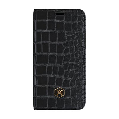 Iphone 11 Pro Max Portemonnaie-Hülle aus schwarzem geprägtem Krokodilleder