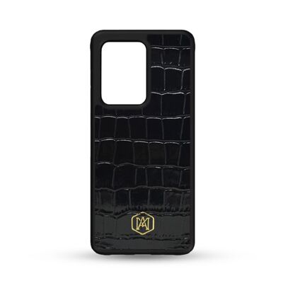 Funda para Samsung Galaxy S20 Ultra en piel de cocodrilo negra grabada