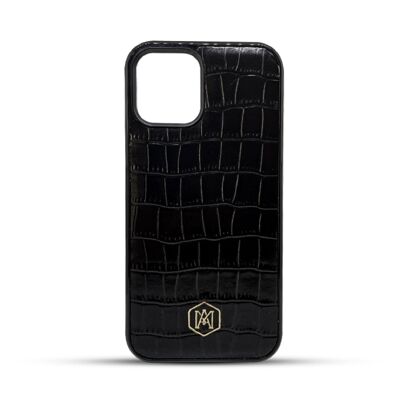 Iphone 12 Pro Hülle aus schwarzem geprägtem Krokodilleder