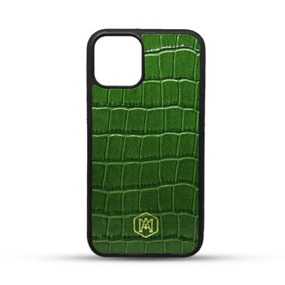 Coque Iphone 12 Pro Max en Cuir de Crocodile Embossé Vert
