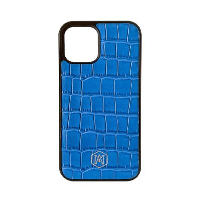 Cover Iphone 12 Pro Max in pelle di Coccodrillo Goffrata Blu