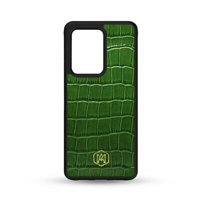 Funda para Samsung Galaxy S21 Ultra en piel de cocodrilo verde grabada