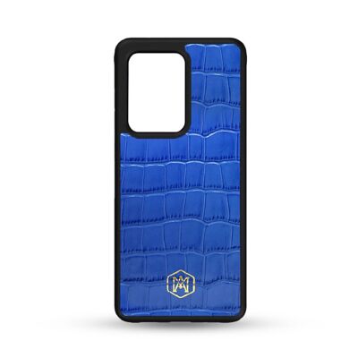 Funda para Samsung Galaxy S21 Ultra en piel de cocodrilo azul grabada