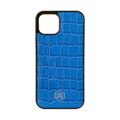 Coque Iphone 13 en Cuir Crocodile Embossé Bleu