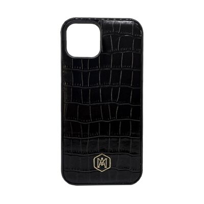 Coque Iphone 13 en Cuir Crocodile Embossé Noir