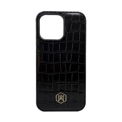 Iphone 13 Pro Hülle aus schwarzem geprägtem Krokodilleder
