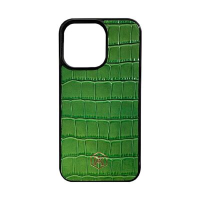 Coque Iphone 13 Pro en Cuir de Crocodile Embossé Vert