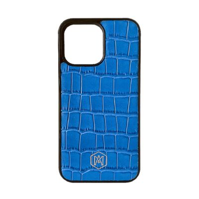 Iphone 13 Pro Max Hülle aus blauem geprägtem Krokodilleder