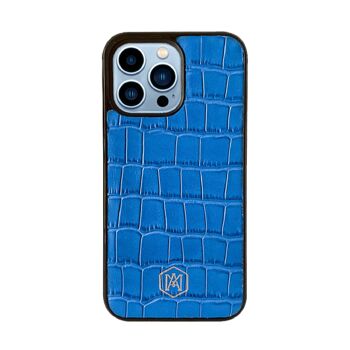 Coque Iphone 13 Pro Max en Cuir Crocodile Embossé Bleu 3