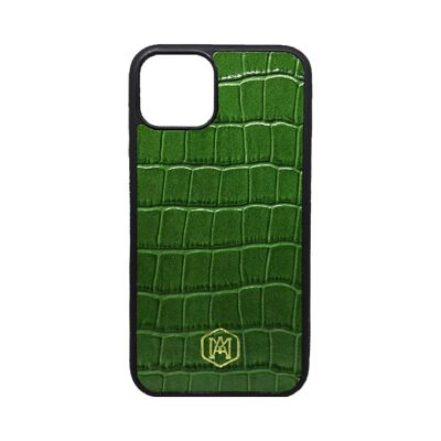 Coque Iphone 13 Mini en Cuir Embossé Crocodile Vert