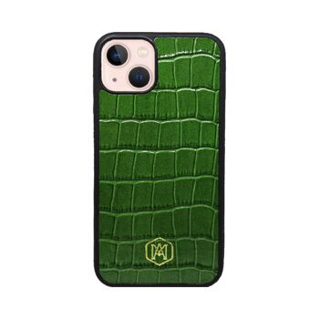 Coque Iphone 13 Mini en Cuir Embossé Crocodile Vert 3