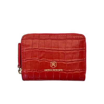 Mini zip around wallet in red embossed crocodile leather