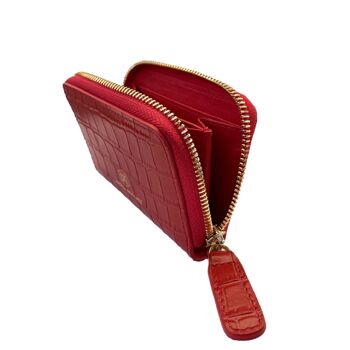Mini portefeuille zippé en cuir de crocodile rouge embossé 2